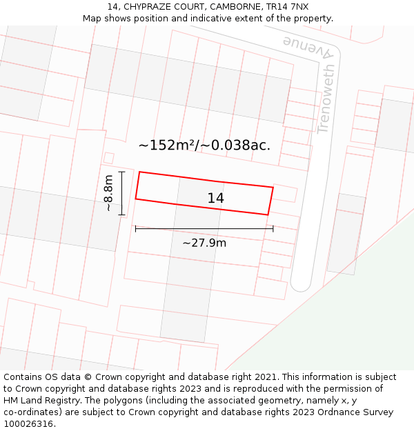 14, CHYPRAZE COURT, CAMBORNE, TR14 7NX: Plot and title map