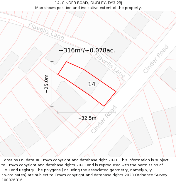 14, CINDER ROAD, DUDLEY, DY3 2RJ: Plot and title map