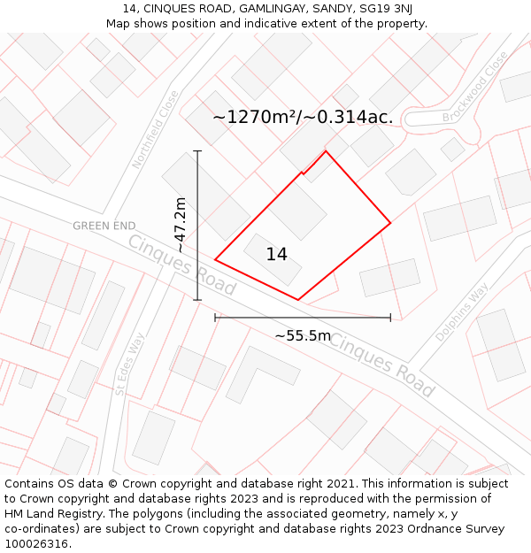 14, CINQUES ROAD, GAMLINGAY, SANDY, SG19 3NJ: Plot and title map