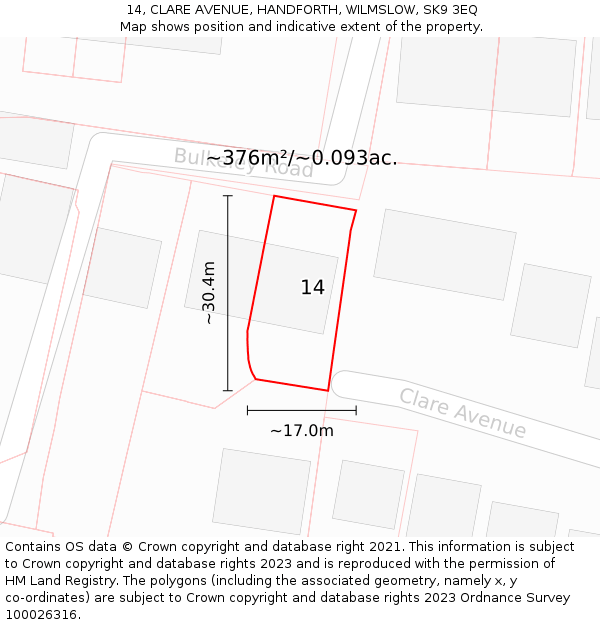 14, CLARE AVENUE, HANDFORTH, WILMSLOW, SK9 3EQ: Plot and title map