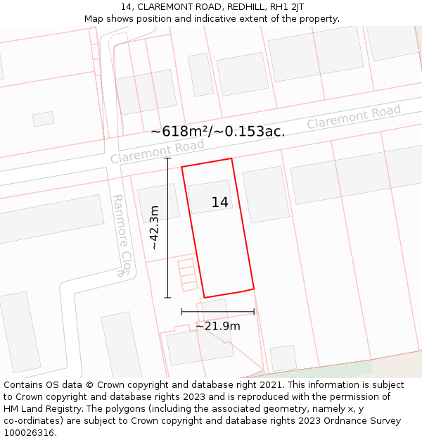 14, CLAREMONT ROAD, REDHILL, RH1 2JT: Plot and title map