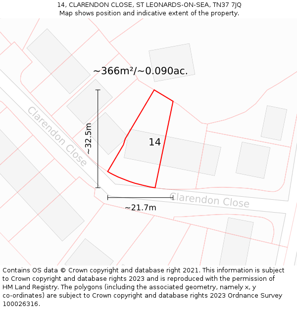 14, CLARENDON CLOSE, ST LEONARDS-ON-SEA, TN37 7JQ: Plot and title map