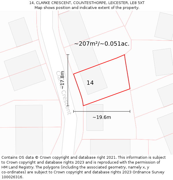 14, CLARKE CRESCENT, COUNTESTHORPE, LEICESTER, LE8 5XT: Plot and title map