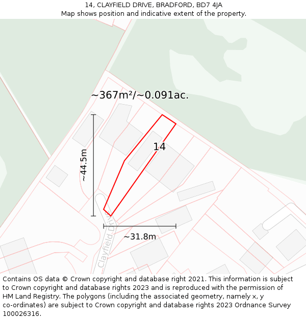 14, CLAYFIELD DRIVE, BRADFORD, BD7 4JA: Plot and title map
