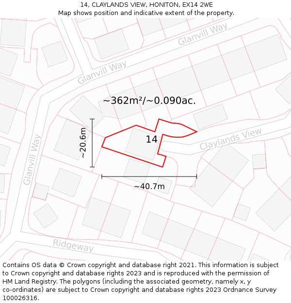 14, CLAYLANDS VIEW, HONITON, EX14 2WE: Plot and title map