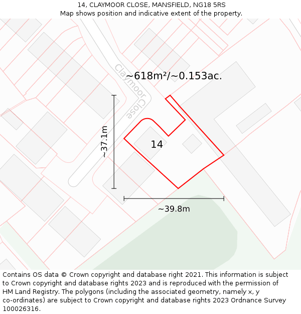 14, CLAYMOOR CLOSE, MANSFIELD, NG18 5RS: Plot and title map