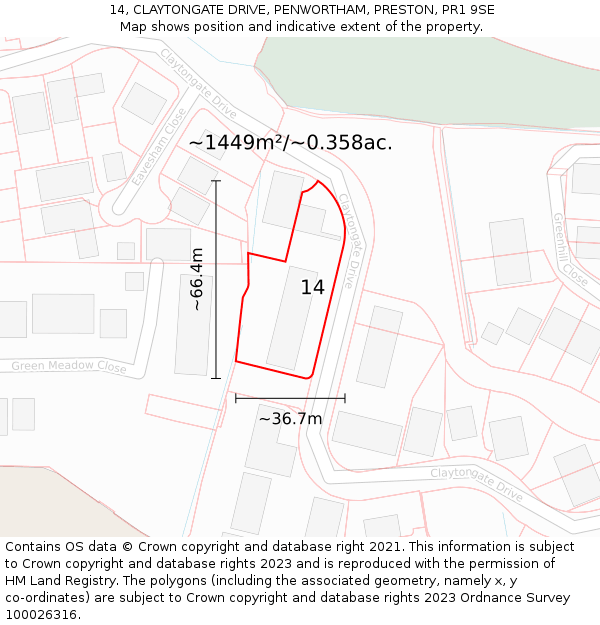 14, CLAYTONGATE DRIVE, PENWORTHAM, PRESTON, PR1 9SE: Plot and title map