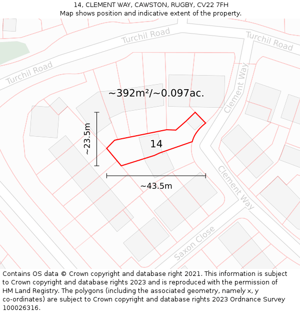 14, CLEMENT WAY, CAWSTON, RUGBY, CV22 7FH: Plot and title map