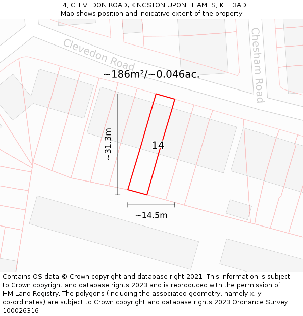 14, CLEVEDON ROAD, KINGSTON UPON THAMES, KT1 3AD: Plot and title map