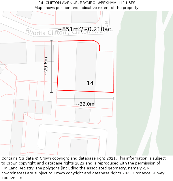 14, CLIFTON AVENUE, BRYMBO, WREXHAM, LL11 5FS: Plot and title map