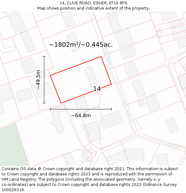 14, CLIVE ROAD, ESHER, KT10 8PS: Plot and title map