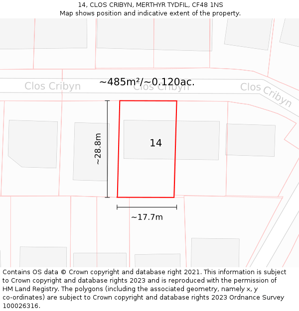 14, CLOS CRIBYN, MERTHYR TYDFIL, CF48 1NS: Plot and title map