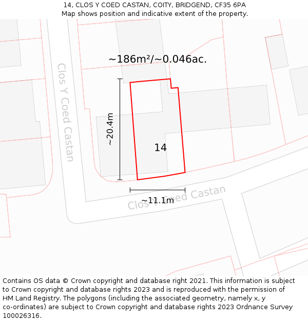 14, CLOS Y COED CASTAN, COITY, BRIDGEND, CF35 6PA: Plot and title map