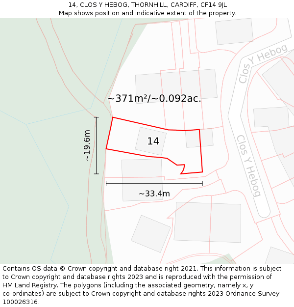 14, CLOS Y HEBOG, THORNHILL, CARDIFF, CF14 9JL: Plot and title map