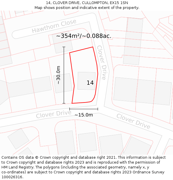 14, CLOVER DRIVE, CULLOMPTON, EX15 1SN: Plot and title map