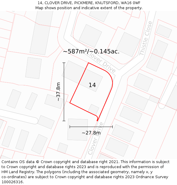 14, CLOVER DRIVE, PICKMERE, KNUTSFORD, WA16 0WF: Plot and title map