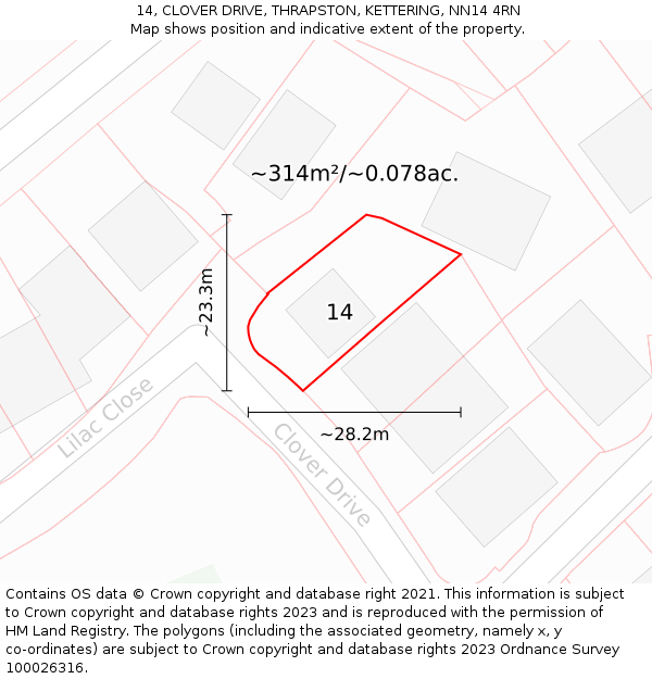 14, CLOVER DRIVE, THRAPSTON, KETTERING, NN14 4RN: Plot and title map