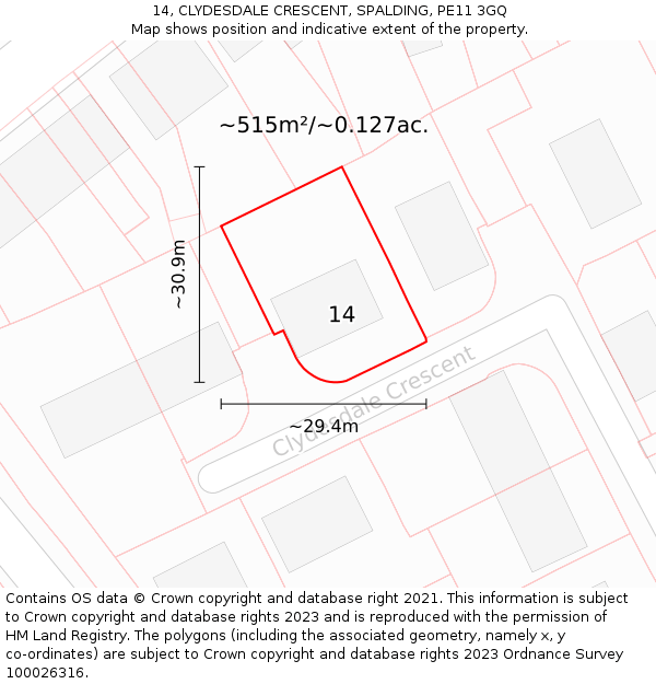14, CLYDESDALE CRESCENT, SPALDING, PE11 3GQ: Plot and title map