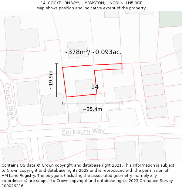 14, COCKBURN WAY, HARMSTON, LINCOLN, LN5 9GE: Plot and title map