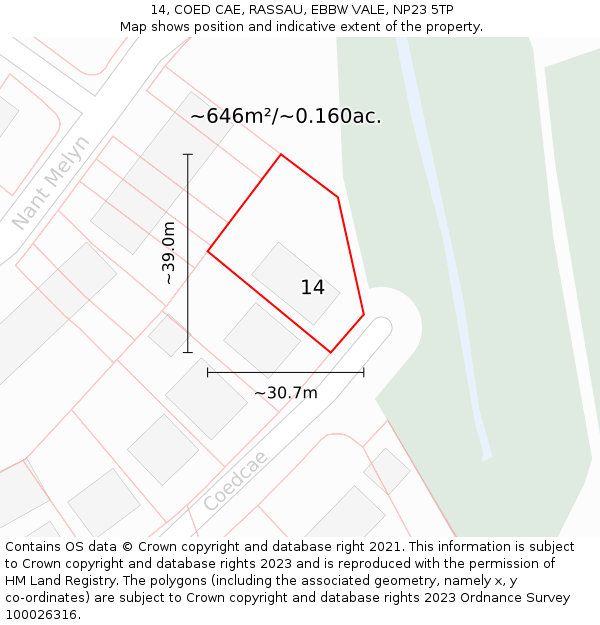 14, COED CAE, RASSAU, EBBW VALE, NP23 5TP: Plot and title map