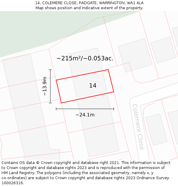 14, COLEMERE CLOSE, PADGATE, WARRINGTON, WA1 4LA: Plot and title map
