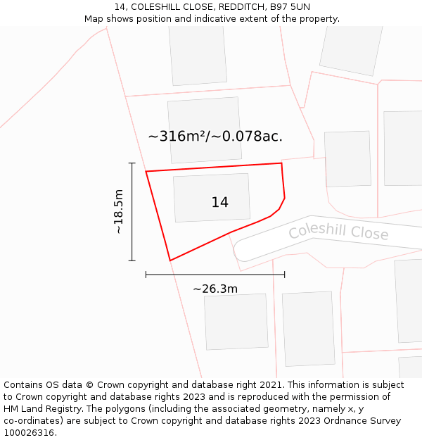 14, COLESHILL CLOSE, REDDITCH, B97 5UN: Plot and title map