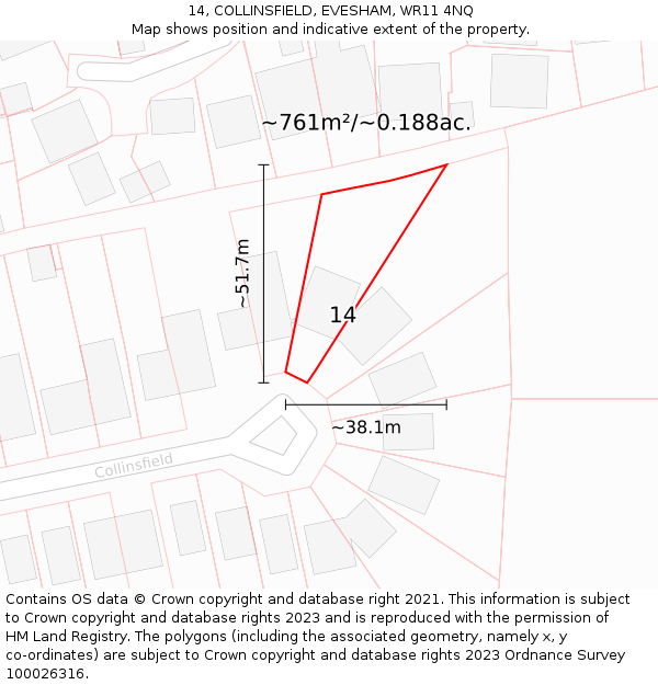 14, COLLINSFIELD, EVESHAM, WR11 4NQ: Plot and title map