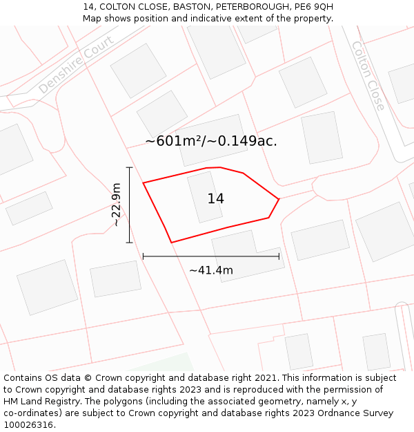 14, COLTON CLOSE, BASTON, PETERBOROUGH, PE6 9QH: Plot and title map
