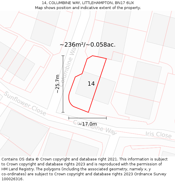 14, COLUMBINE WAY, LITTLEHAMPTON, BN17 6UX: Plot and title map