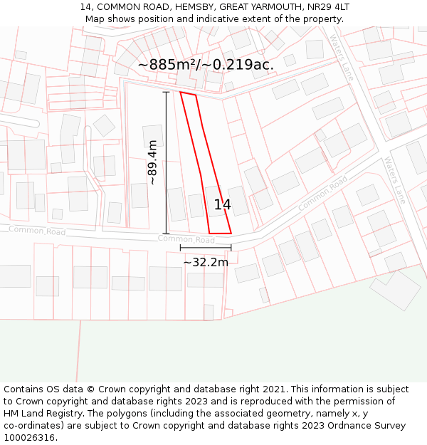 14, COMMON ROAD, HEMSBY, GREAT YARMOUTH, NR29 4LT: Plot and title map