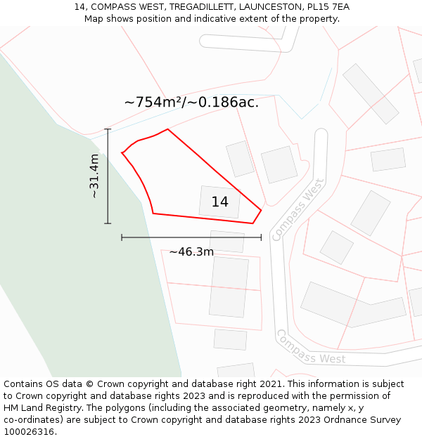 14, COMPASS WEST, TREGADILLETT, LAUNCESTON, PL15 7EA: Plot and title map