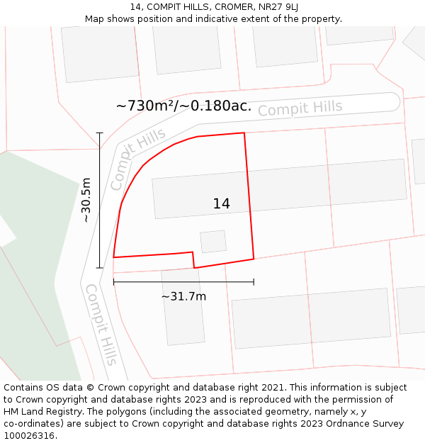 14, COMPIT HILLS, CROMER, NR27 9LJ: Plot and title map