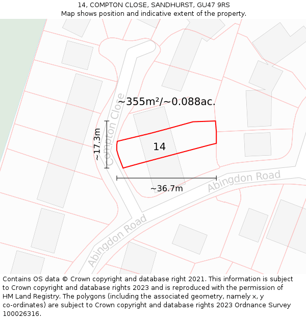 14, COMPTON CLOSE, SANDHURST, GU47 9RS: Plot and title map