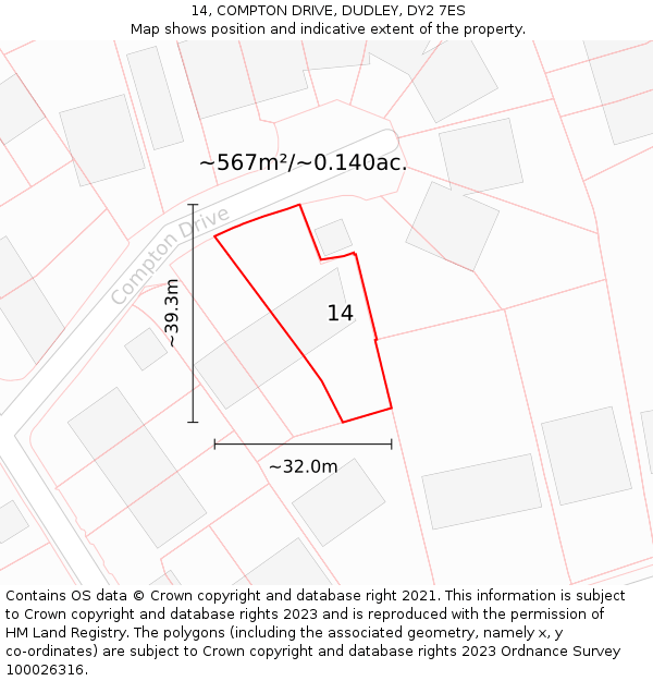 14, COMPTON DRIVE, DUDLEY, DY2 7ES: Plot and title map