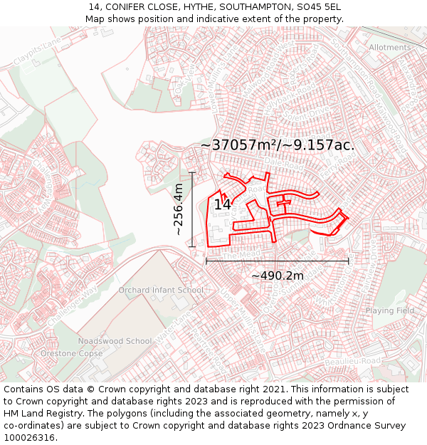 14, CONIFER CLOSE, HYTHE, SOUTHAMPTON, SO45 5EL: Plot and title map
