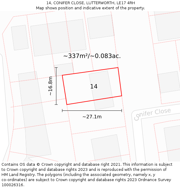 14, CONIFER CLOSE, LUTTERWORTH, LE17 4RH: Plot and title map