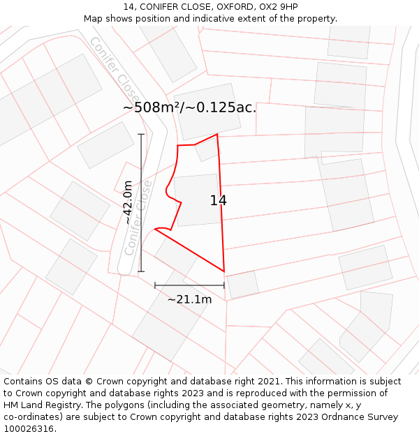 14, CONIFER CLOSE, OXFORD, OX2 9HP: Plot and title map