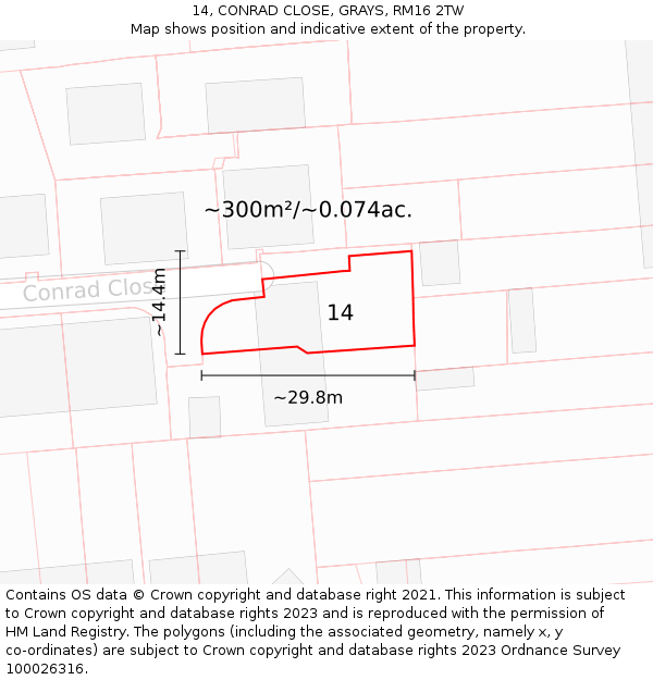 14, CONRAD CLOSE, GRAYS, RM16 2TW: Plot and title map