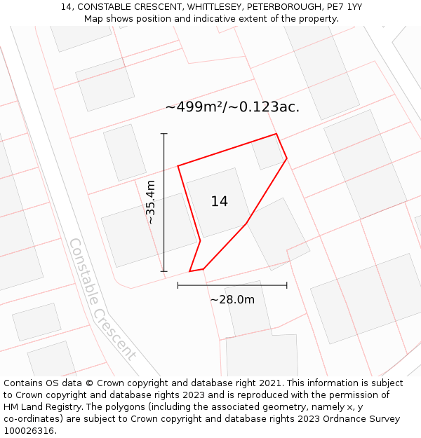 14, CONSTABLE CRESCENT, WHITTLESEY, PETERBOROUGH, PE7 1YY: Plot and title map
