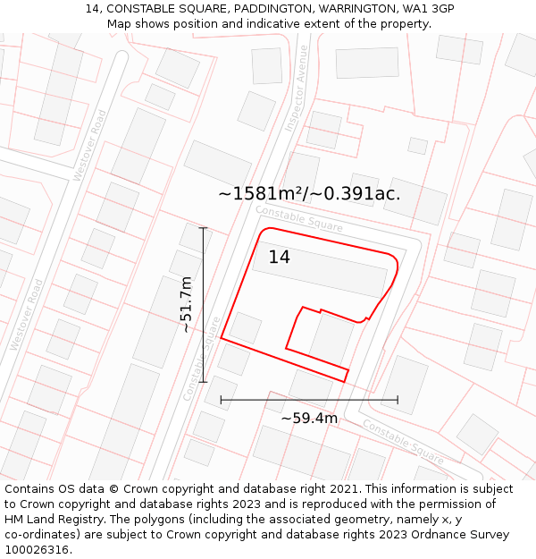 14, CONSTABLE SQUARE, PADDINGTON, WARRINGTON, WA1 3GP: Plot and title map