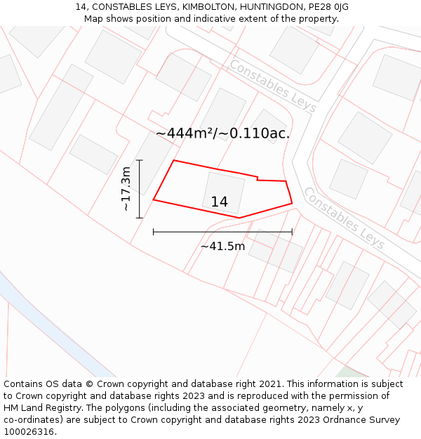 14, CONSTABLES LEYS, KIMBOLTON, HUNTINGDON, PE28 0JG: Plot and title map
