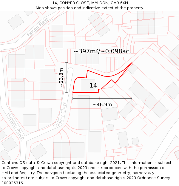 14, CONYER CLOSE, MALDON, CM9 6XN: Plot and title map