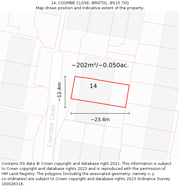 14, COOMBE CLOSE, BRISTOL, BS10 7XG: Plot and title map
