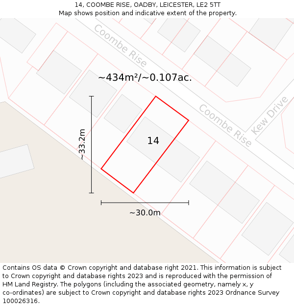 14, COOMBE RISE, OADBY, LEICESTER, LE2 5TT: Plot and title map