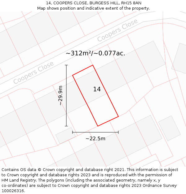 14, COOPERS CLOSE, BURGESS HILL, RH15 8AN: Plot and title map