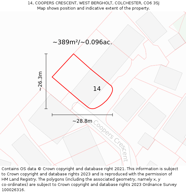 14, COOPERS CRESCENT, WEST BERGHOLT, COLCHESTER, CO6 3SJ: Plot and title map