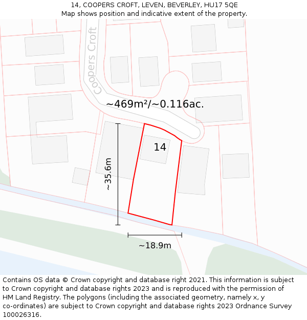14, COOPERS CROFT, LEVEN, BEVERLEY, HU17 5QE: Plot and title map