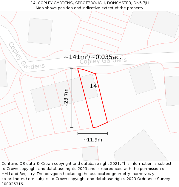 14, COPLEY GARDENS, SPROTBROUGH, DONCASTER, DN5 7JH: Plot and title map