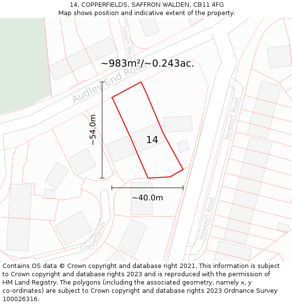 14, COPPERFIELDS, SAFFRON WALDEN, CB11 4FG: Plot and title map