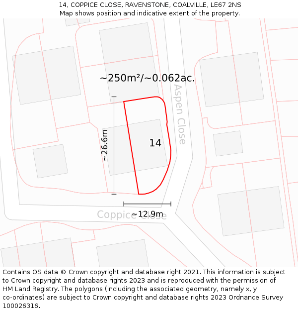 14, COPPICE CLOSE, RAVENSTONE, COALVILLE, LE67 2NS: Plot and title map